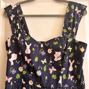 Bunny Lovers!  Collectif Navy Blue Midi Dress with Pink and Green Accents.
